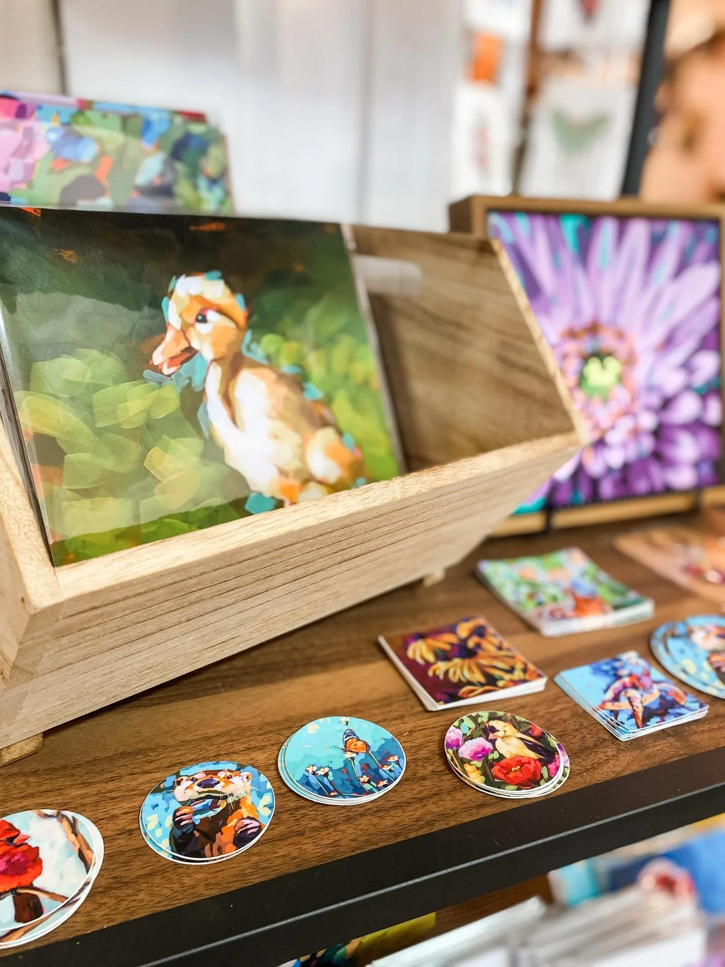 Look at these beautiful bright prints! 😍 @maggie_bogdan_studio brought us brand new prints and a gorgeous framed original and they brighten up the whole shop! Pop in today, we&rsquo;re back to being open until 6pm on Saturdays! 🙌