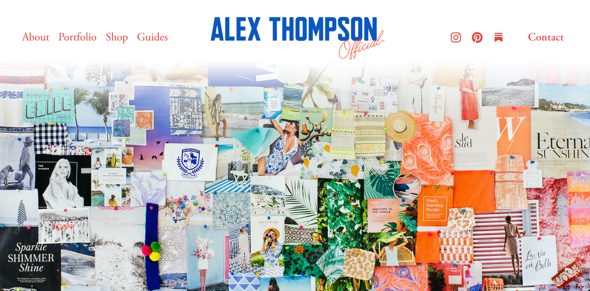A screenshot of a website showing a collage of photos, fabrics, and magazine clippings pinned to a board, with the name 'Alex Thompson Official' at the top.