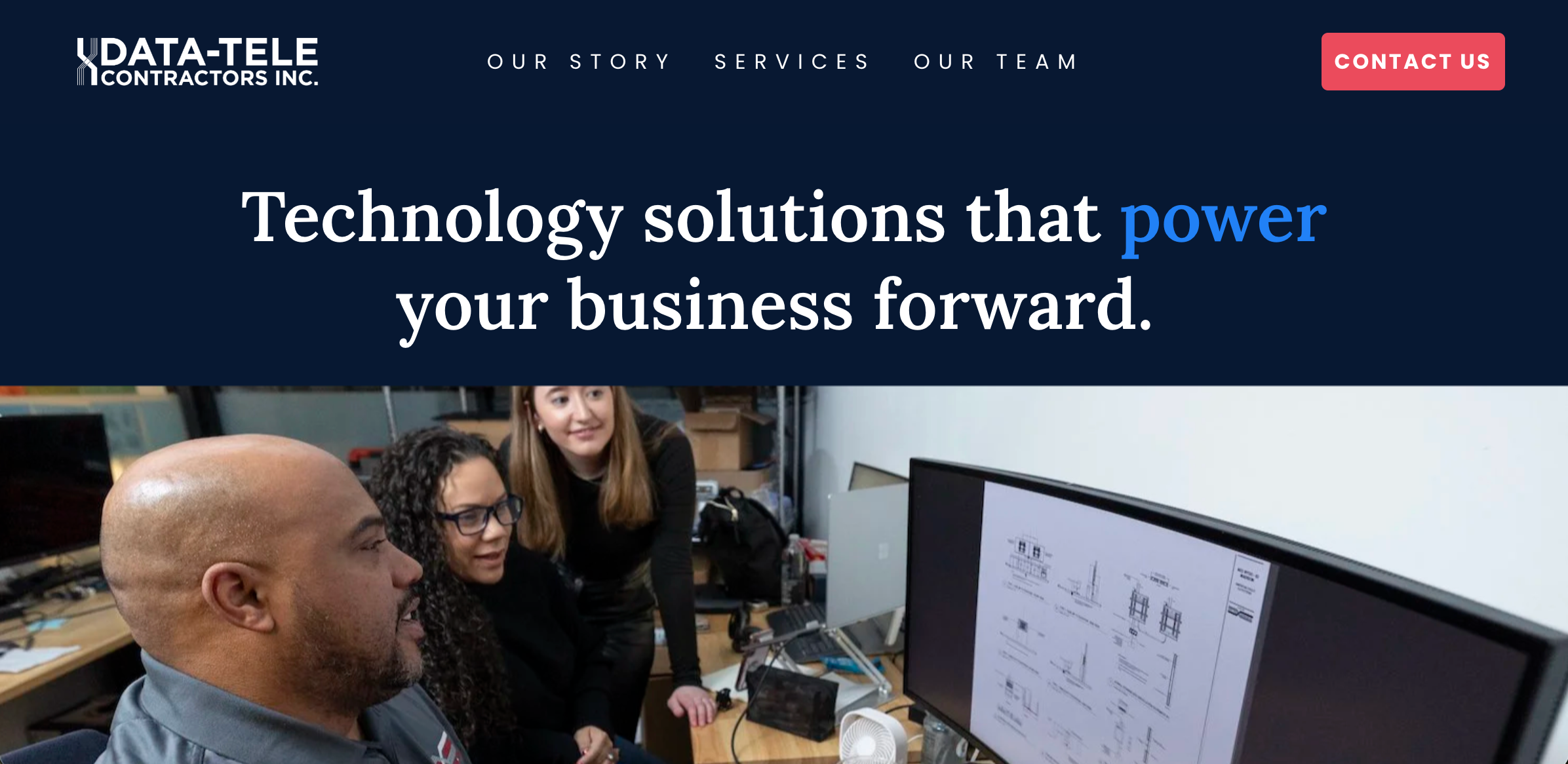 A screenshot of a website showing a group of diverse professionals gathered around a computer monitor displaying technical drawings or blueprints in an office setting.