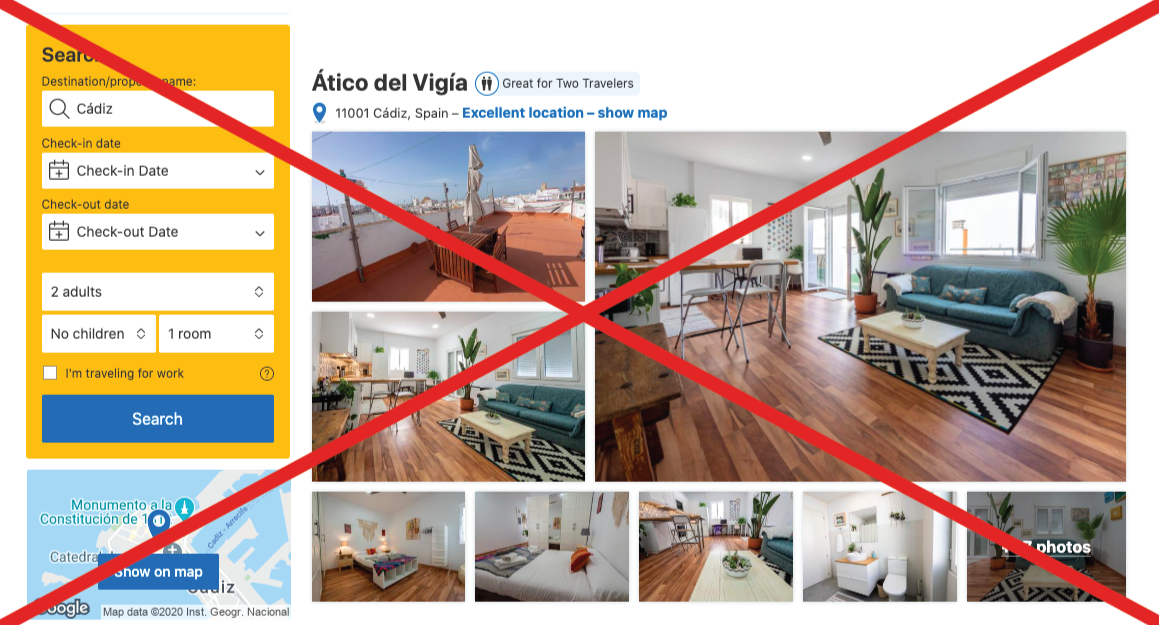A  booking website with a search for Cádiz, Spain, showing options to select check-in and check-out dates, number of guests, and number of rooms, alongside photos of a modern apartment interior with wooden flooring.