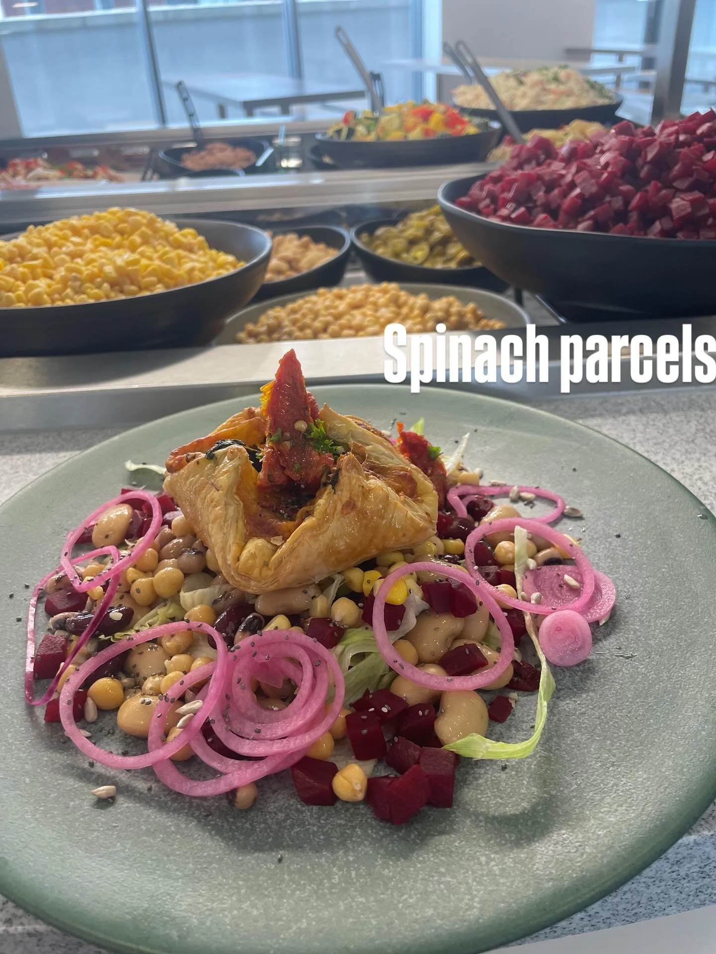 Meat free Monday with Roasted Spinach and tomato Parcels..

#letsdolunch 
#spoliedatwork 
#titanicquaterbelfast