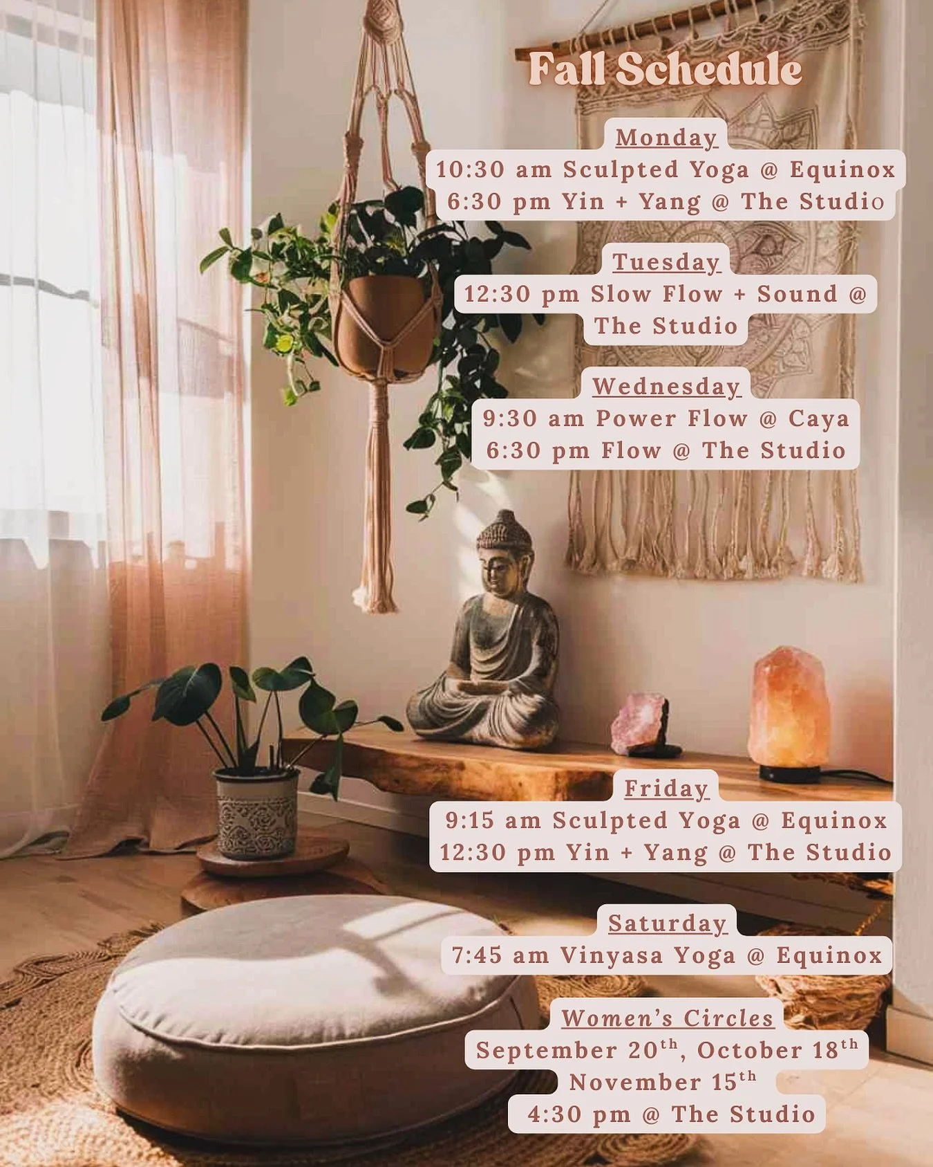 🍂🍁 Fall Class Schedule 🍁🍂

Join me on the mat five days a week for deep healing, embodied movement, somatic experiencing, breathwork, meditation, sound baths, and creative flows. All levels of experience are welcome ❤️

Starting in September, onc