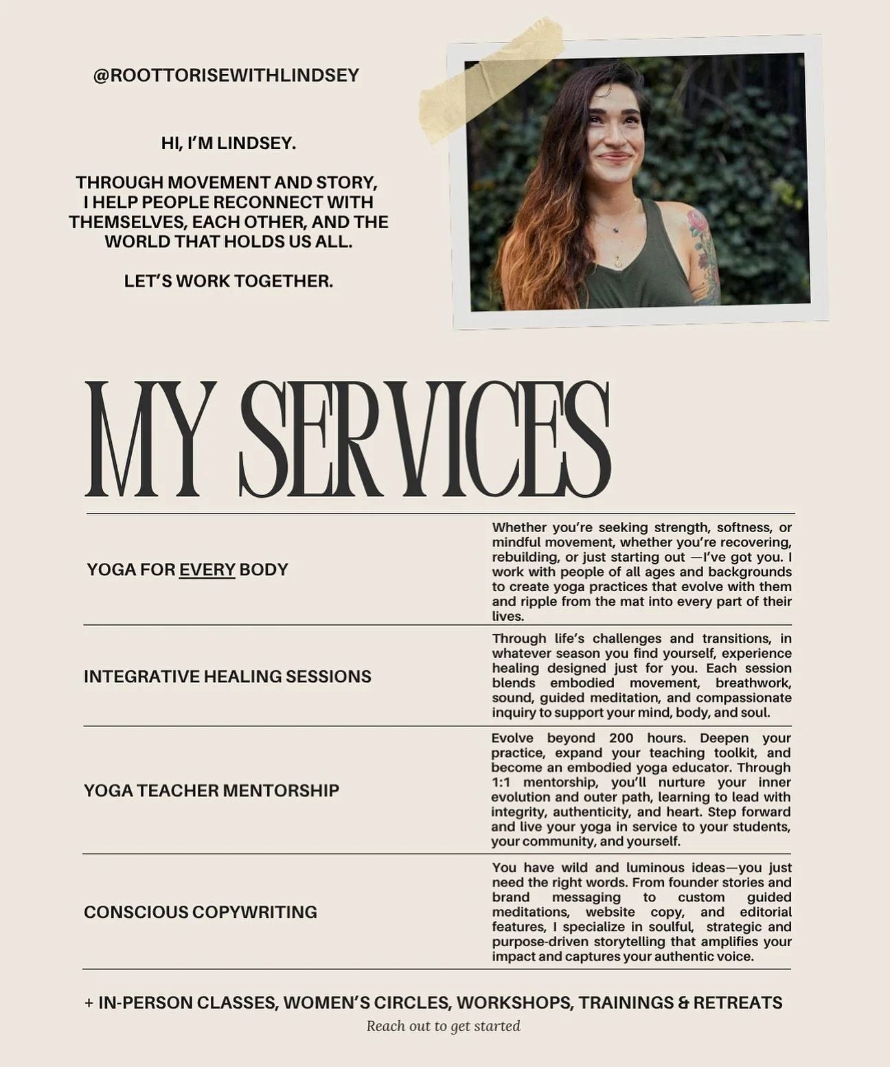 A sanctuary of services for the mind, body, and soul. Reach out to begin your journey and explore what&rsquo;s possible together ❤️ In-person and virtual opportunities are always available. Services are open to all bodies, all experiences, and all se