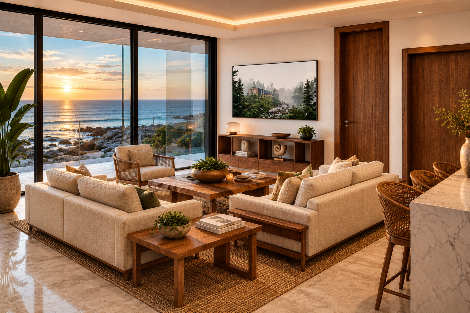 Contemporary luxury living areas with ocean views