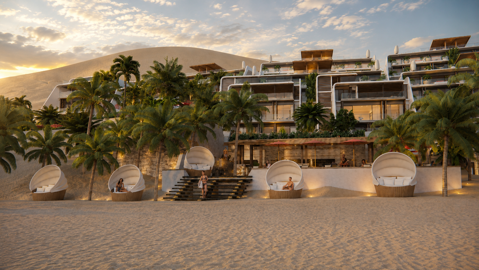 A modern beachfront resort with a stepped design, multiple levels of deck spaces, surrounded by palm trees, with lounge chairs and cabanas on a sandy beach under a partly cloudy sky.