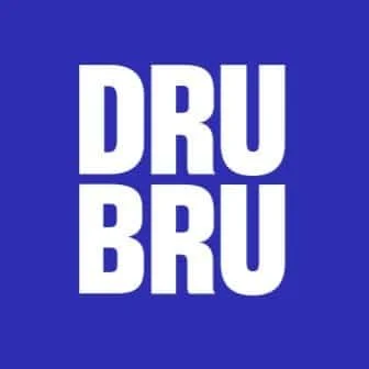 Blue background with white text reading "DRU BRU".
