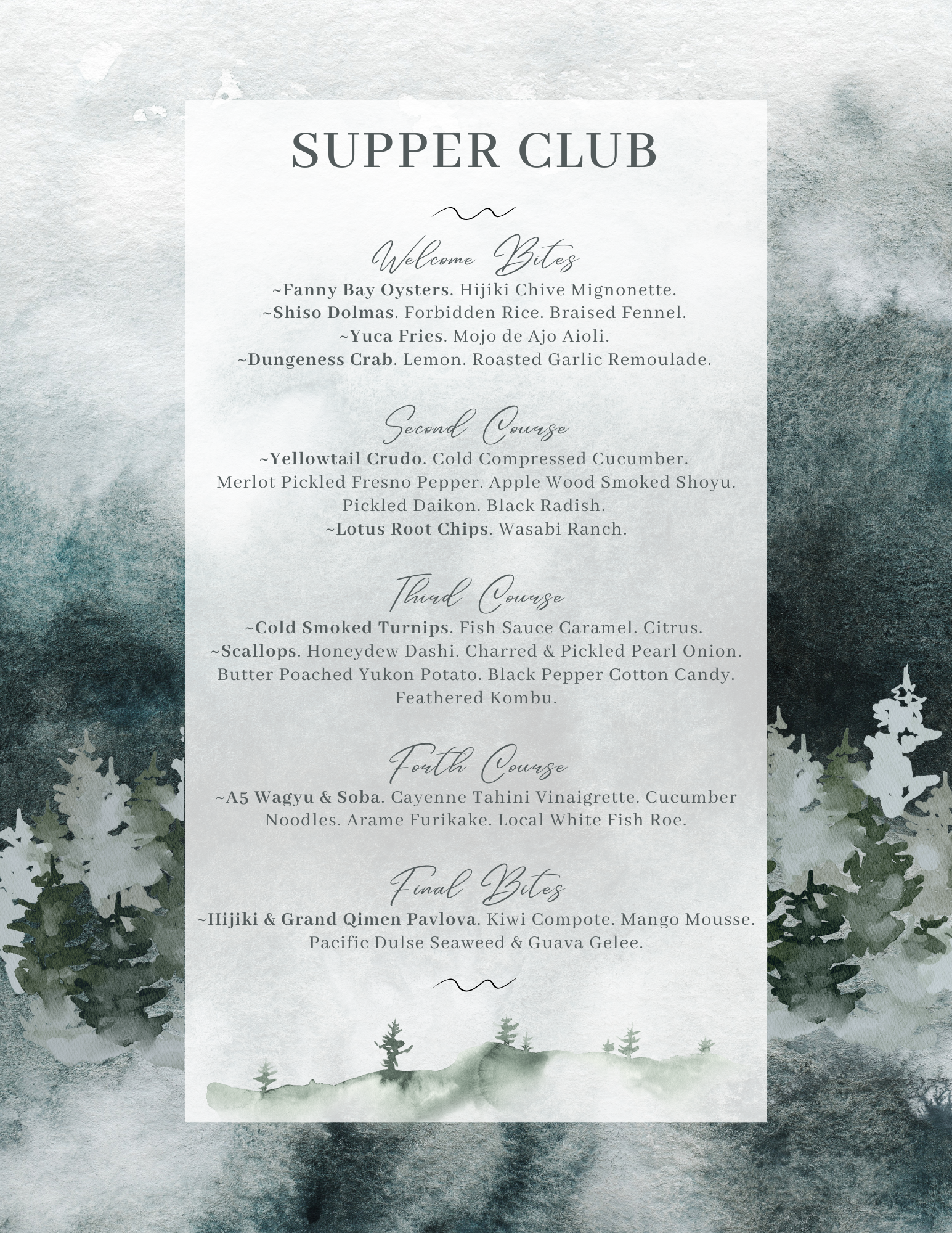 Menu for a supper club featuring multiple courses with seafood, meat, and vegetarian options, set against a watercolor background with trees and mountains.