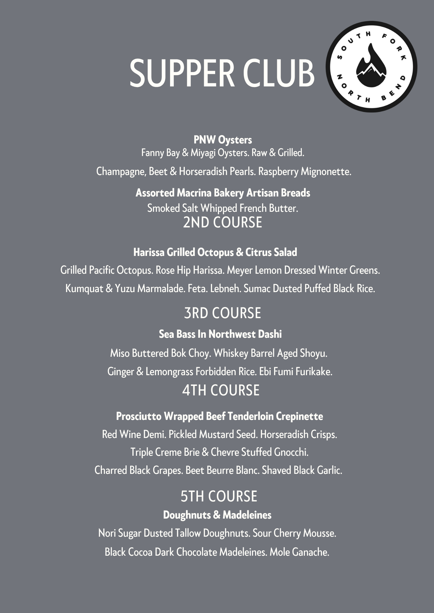 Menu for Supper Club at South Fork North Bend, listing various seafood, bread, octopus, salad, bass, beef, and dessert dishes.