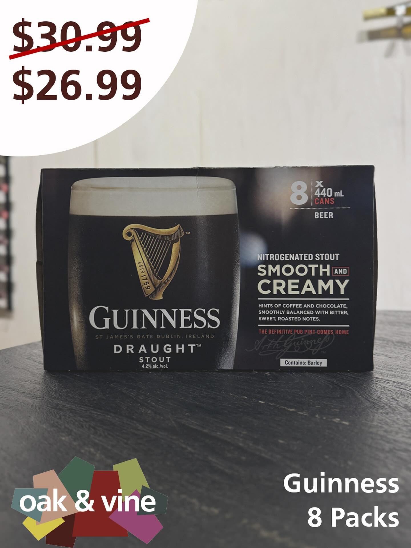 St. Paddy&rsquo;s Day is right around the corner, so there&rsquo;s no better time than now to stock up on Guinness! Best part is that we have it on sale at @oak_and_vine 
Get your 8 Packs of Guinness for $26.99! That&rsquo;s $4 off!