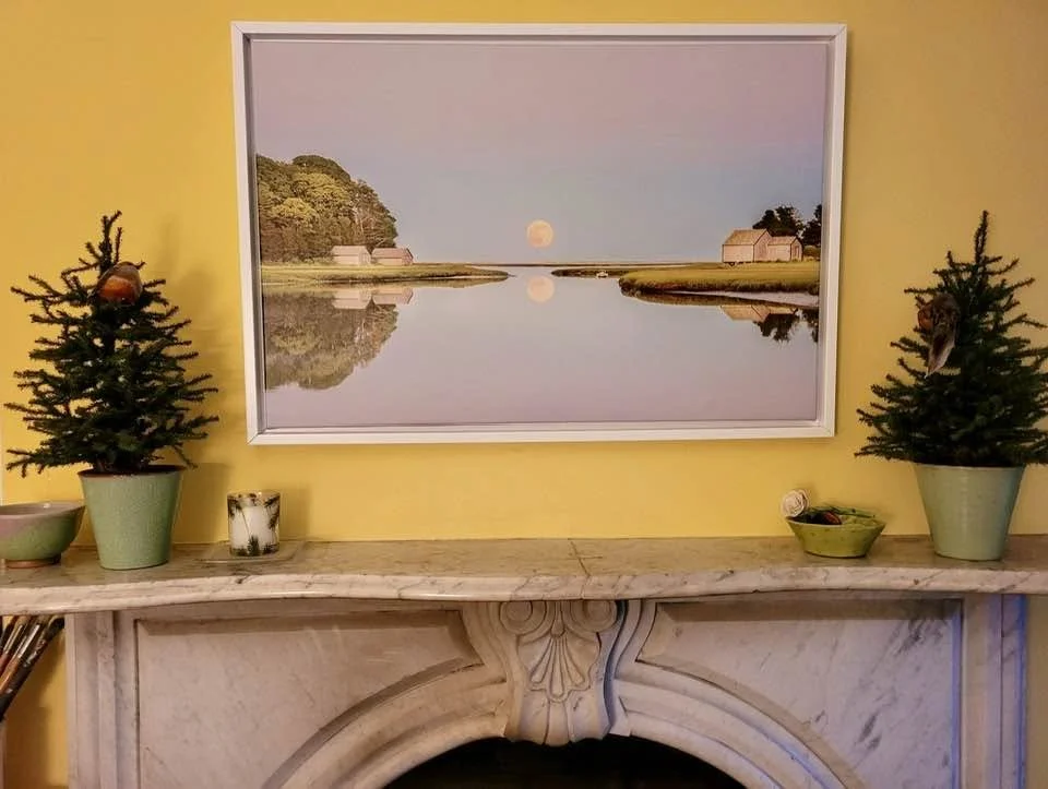 24x36 Canvas with a White Floating Frame hangs over the fireplace in this Virginia home