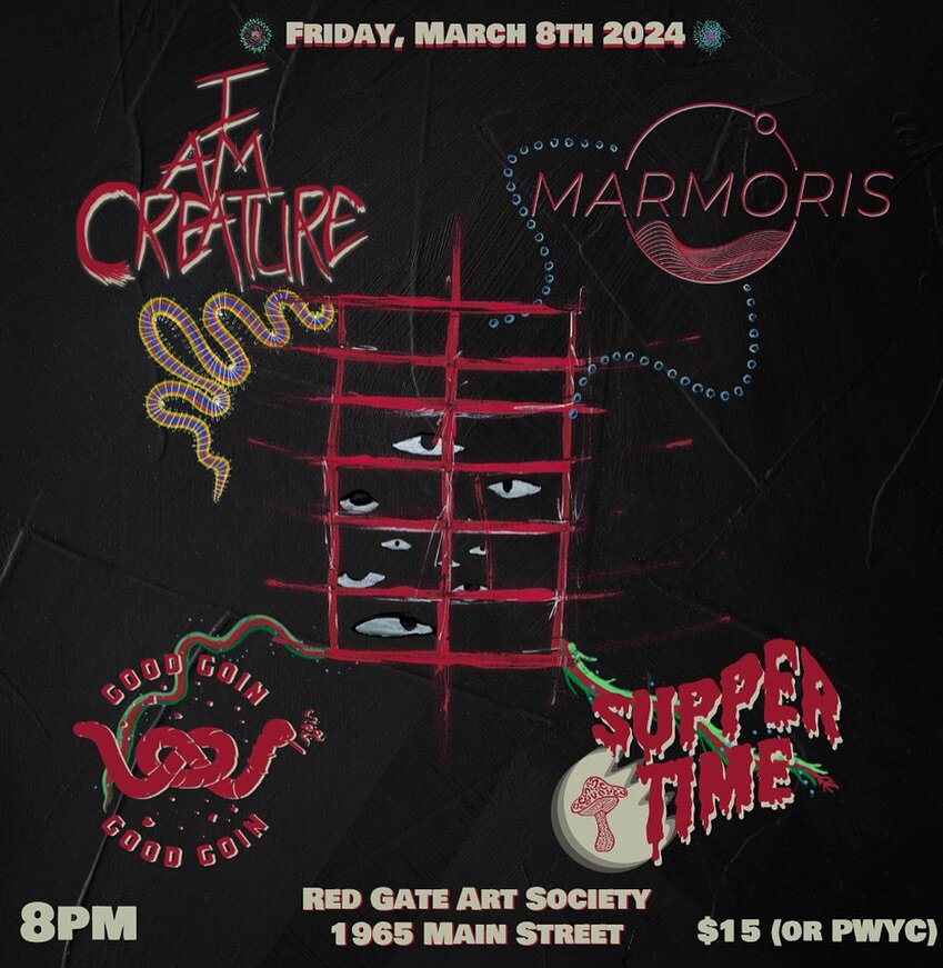 Hey fam! ✨After a hiatus, we&rsquo;re back and thrilled to announce a killer show on March 8th at the @redgateartssociety with bands @iamcreature_ , @goodgoinofficial , and @suppertime.official ! 🤘 Mark your calendars, it&rsquo;s gonna be epic. Grab