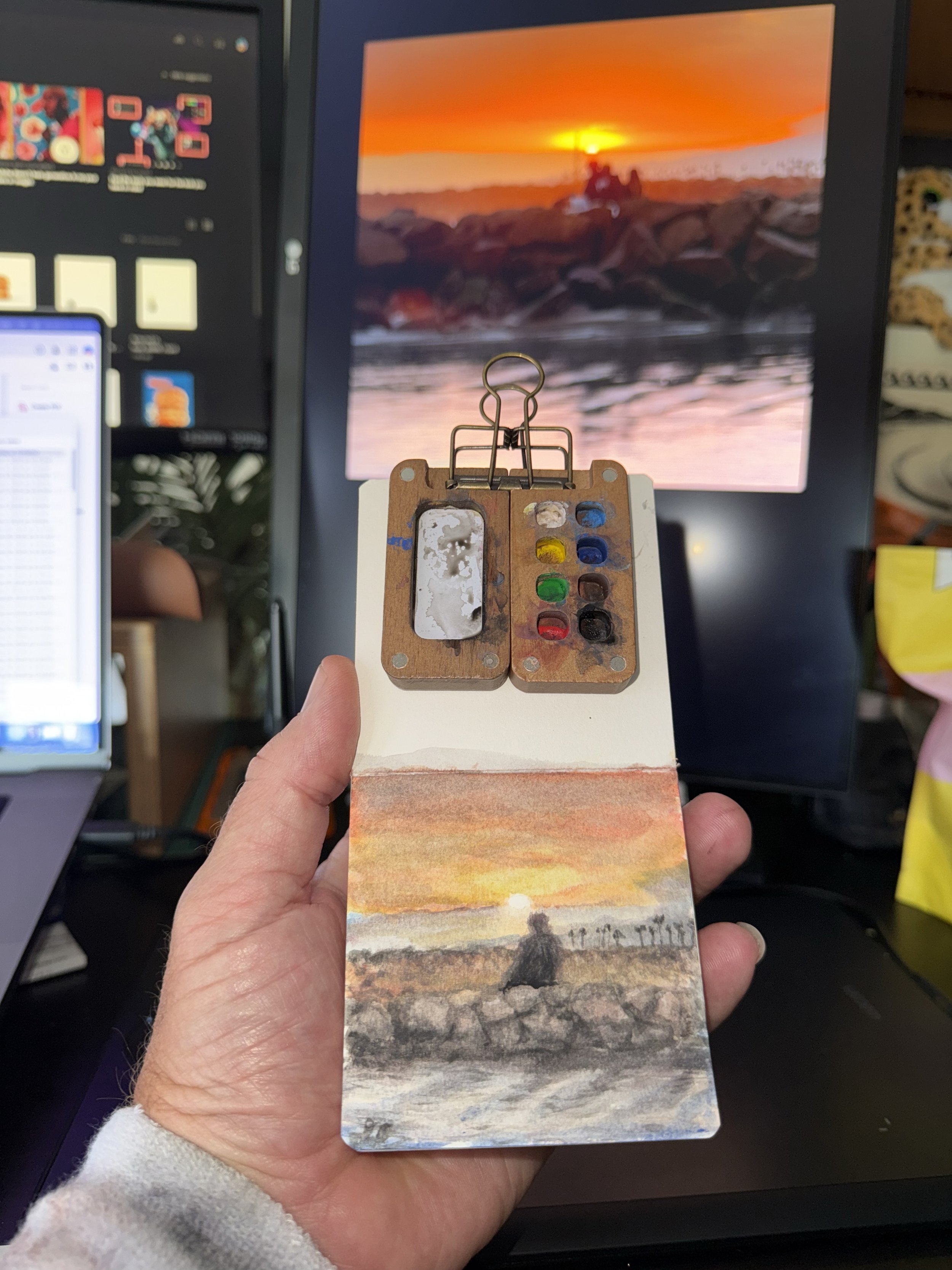 Jetty sunset. Watercolor