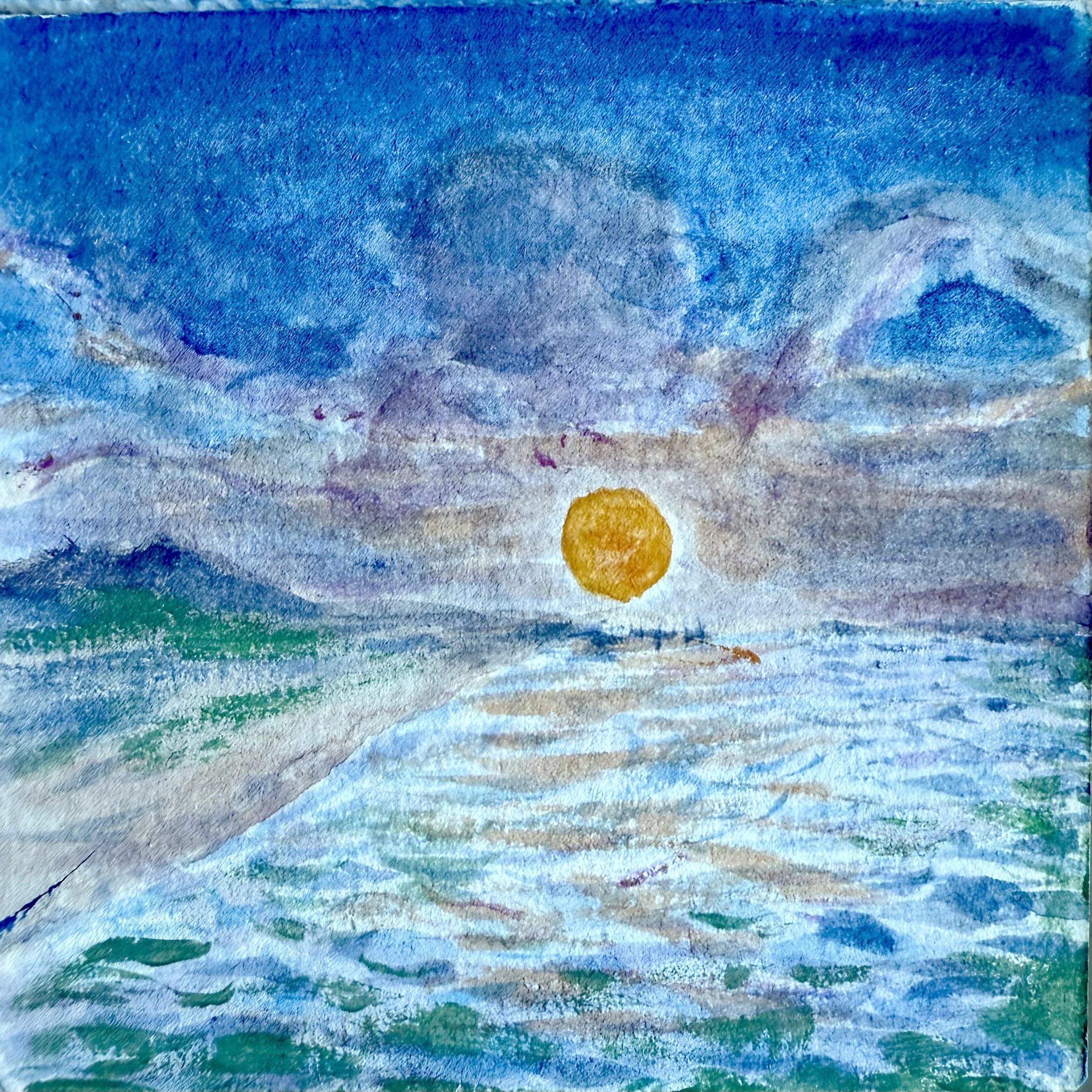 Bolsa Chica dawn patrol inspired painting. Sun rising through the clouds that looked like an Octopus. Watercolor