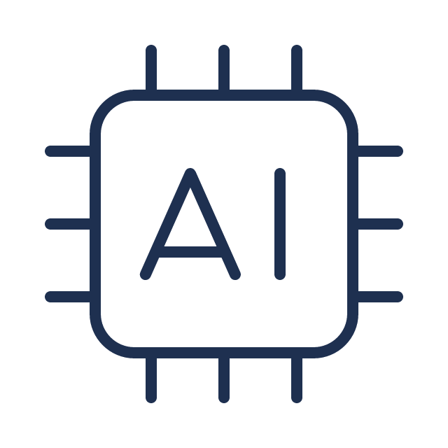 Line icon of a processor chip with letters AI on it.