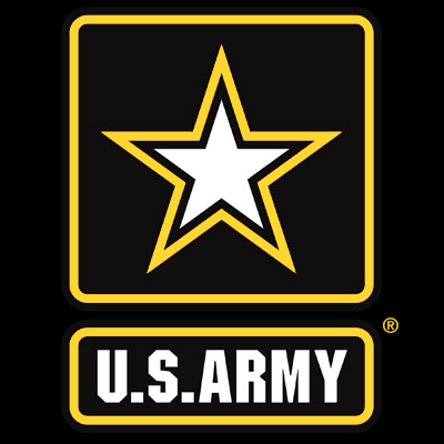U.S. Army logo featuring a white star with a gold outline inside a black square with a yellow border, and the text 'U.S. Army' in white on a black background below.