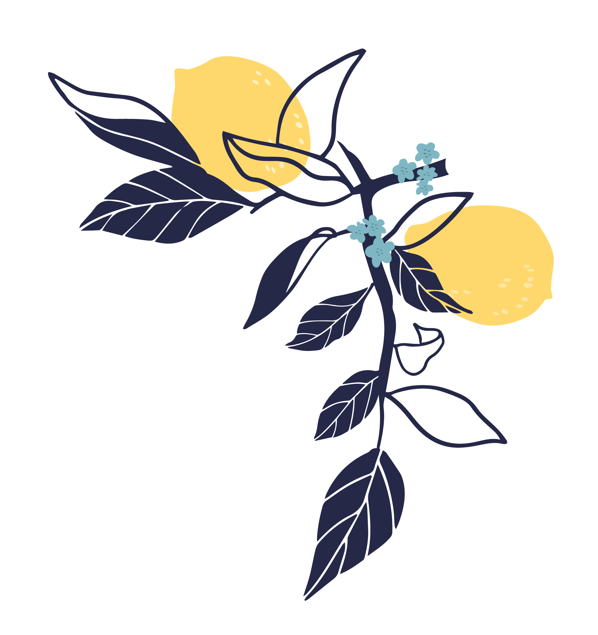 Digitale Illustration von Zitronen, Blättern und kleinen blauen Blumen auf schwarzem Hintergrund.
