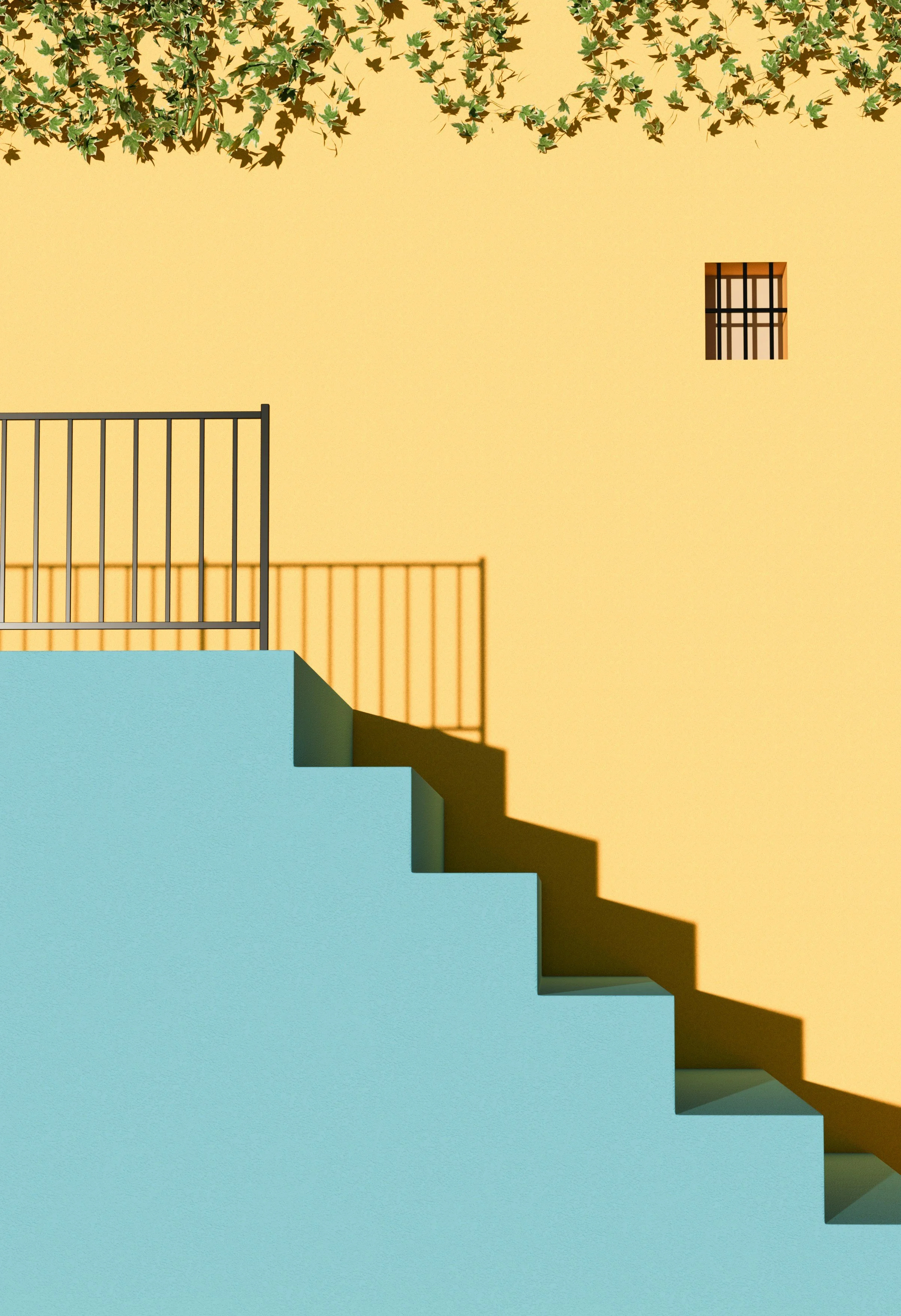 Blick auf eine gelbe Hauswand mit einem kleinen Fenster mit Gitter, eine blaue Treppe mit schwarzem Geländer und Schatten, grüne Blätter am oberen Rand