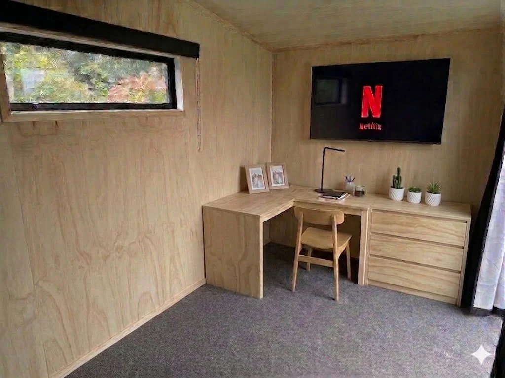 Small home office with wooden desk, chair, three framed pictures, small desk lamp, and three potted cacti on the desk; wall-mounted TV displaying Netflix logo; narrow window with foliage outside; carpeted floor.
