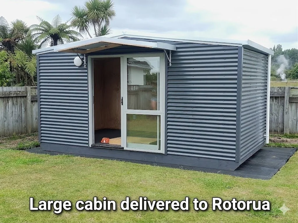 A large, gray, metal-paneled cabin with a small overhang above the entrance door, located in a backyard with a wooden fence and palm trees in the background. The cabin has a sliding glass door leading inside.