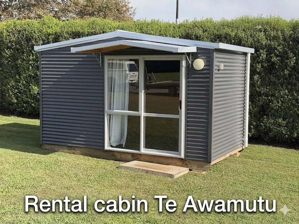 A gray rental cabin with a small wooden porch, located on a grassy area with bushes in the background.