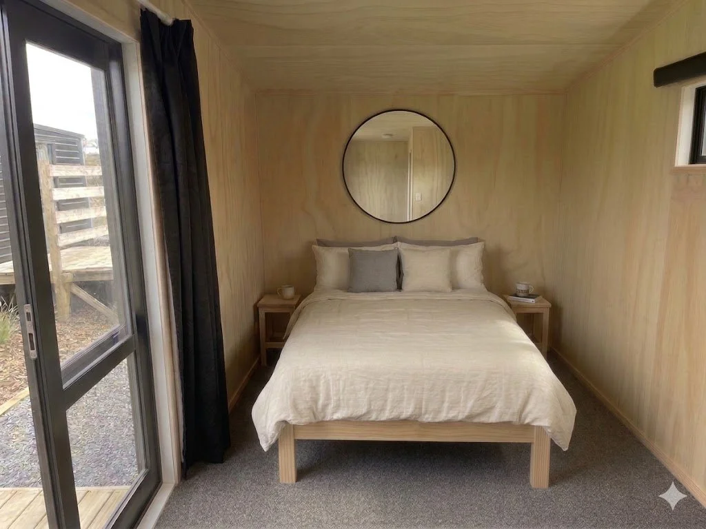 Bedroom with a bed, gray and beige pillows, circular mirror above the headboard, two small bedside tables with cups, wooden walls and ceiling, sliding glass door with black curtains, and a small window on the right.