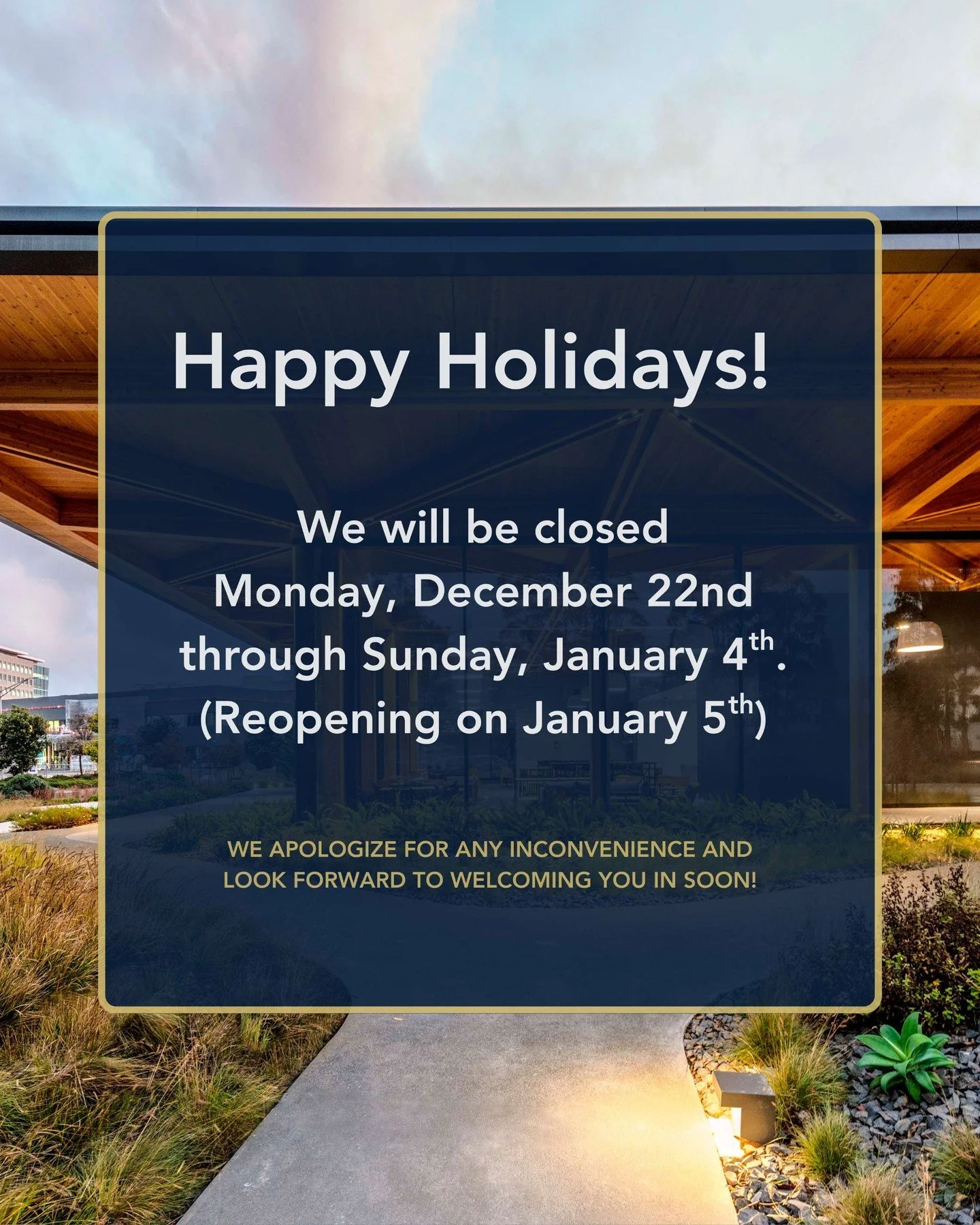 Happy holidays ✨ We&rsquo;ll be closed from Monday, December 22 through Sunday, January 4, and reopen on Monday, January 5. Thank you for your understanding. We look forward to welcoming you back in the new year!