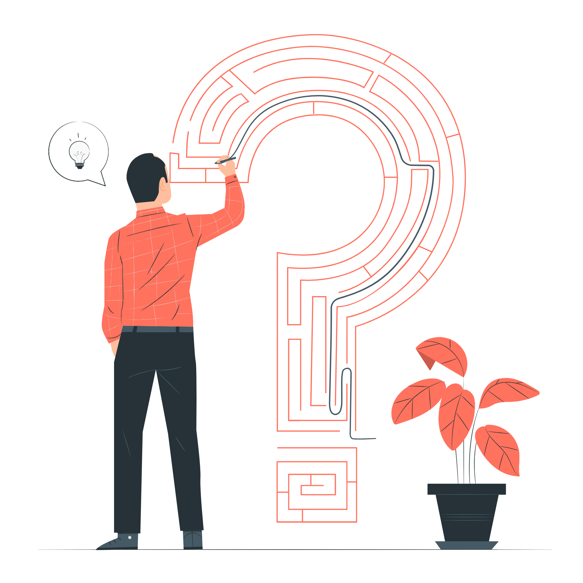 Illustration of a man standing in front of a large, red labyrinth shaped like a question mark. The man is wearing a red checkered shirt and black pants, and is holding a pen or marker. A speech bubble with a light bulb icon is near his head, indicating he has an idea. There is a potted plant with red leaves to the right of the labyrinth against a black background.