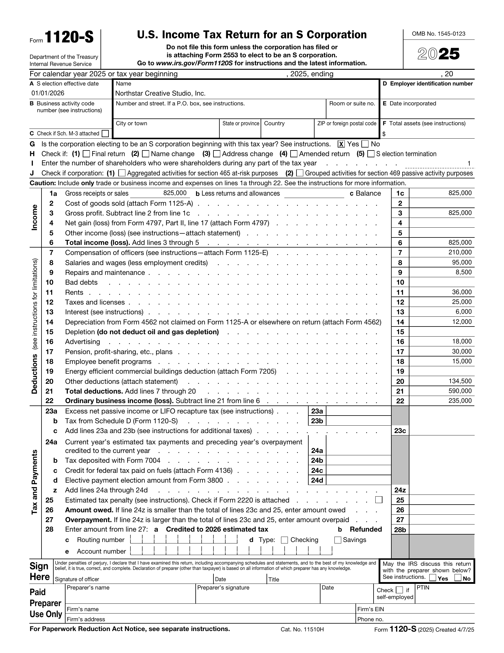 Example Form 1120S return