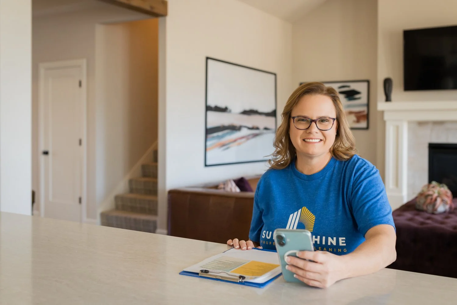 Cleaning company branding session with natural light and neutral tones