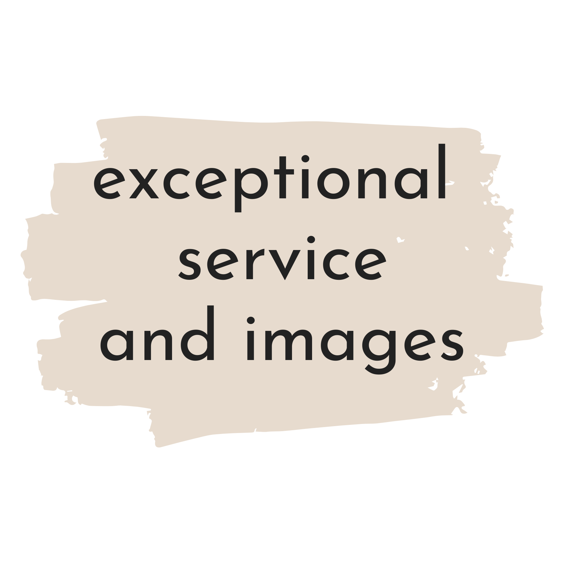 Text saying 'exceptional service and images' on a beige brushstroke background.