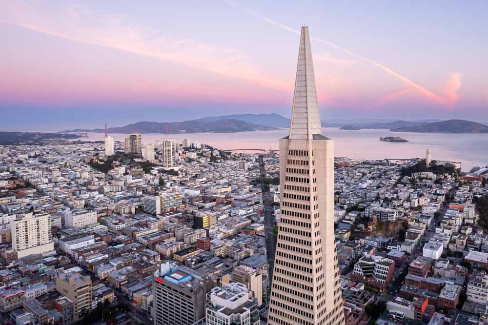 Drone photography of Transamerica Pyramid Building early morning