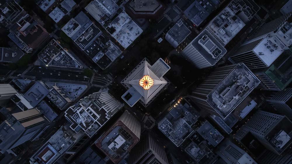 Bird's eye view of Transamerica Pyramid, showing its symmetrical design