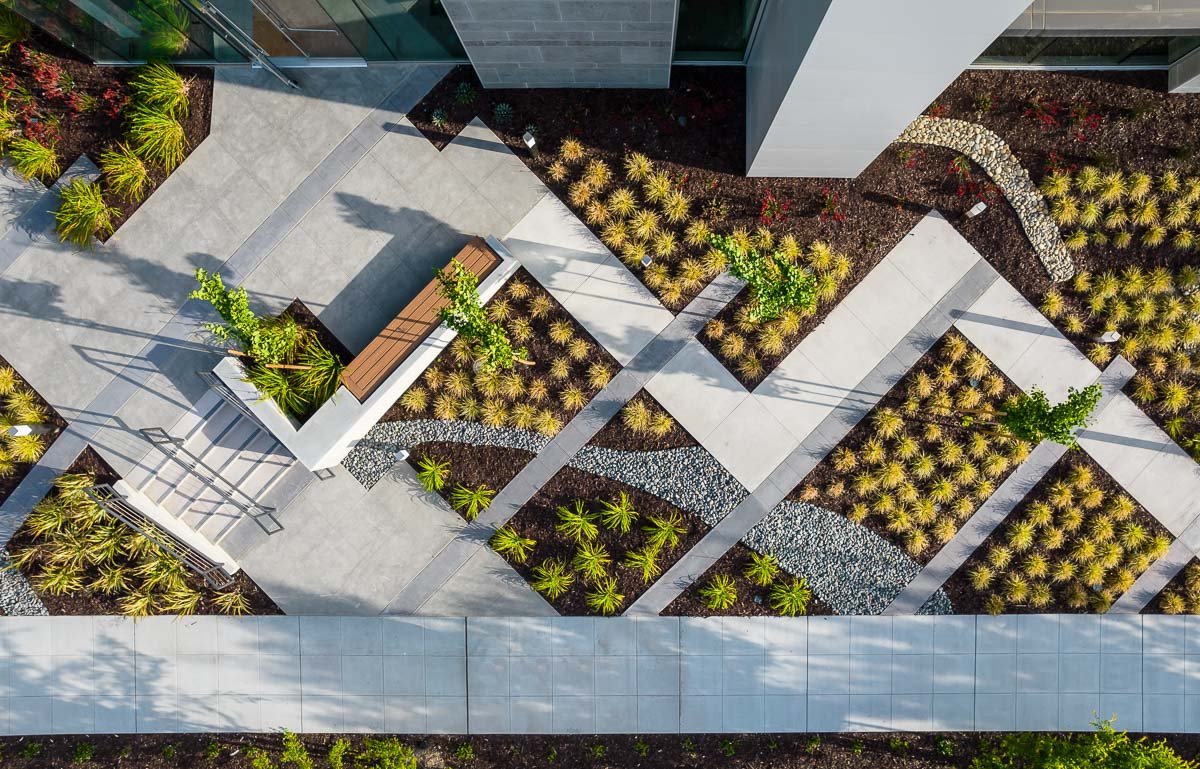 birds eye view of landscaping showing landscape architecture photography using drones