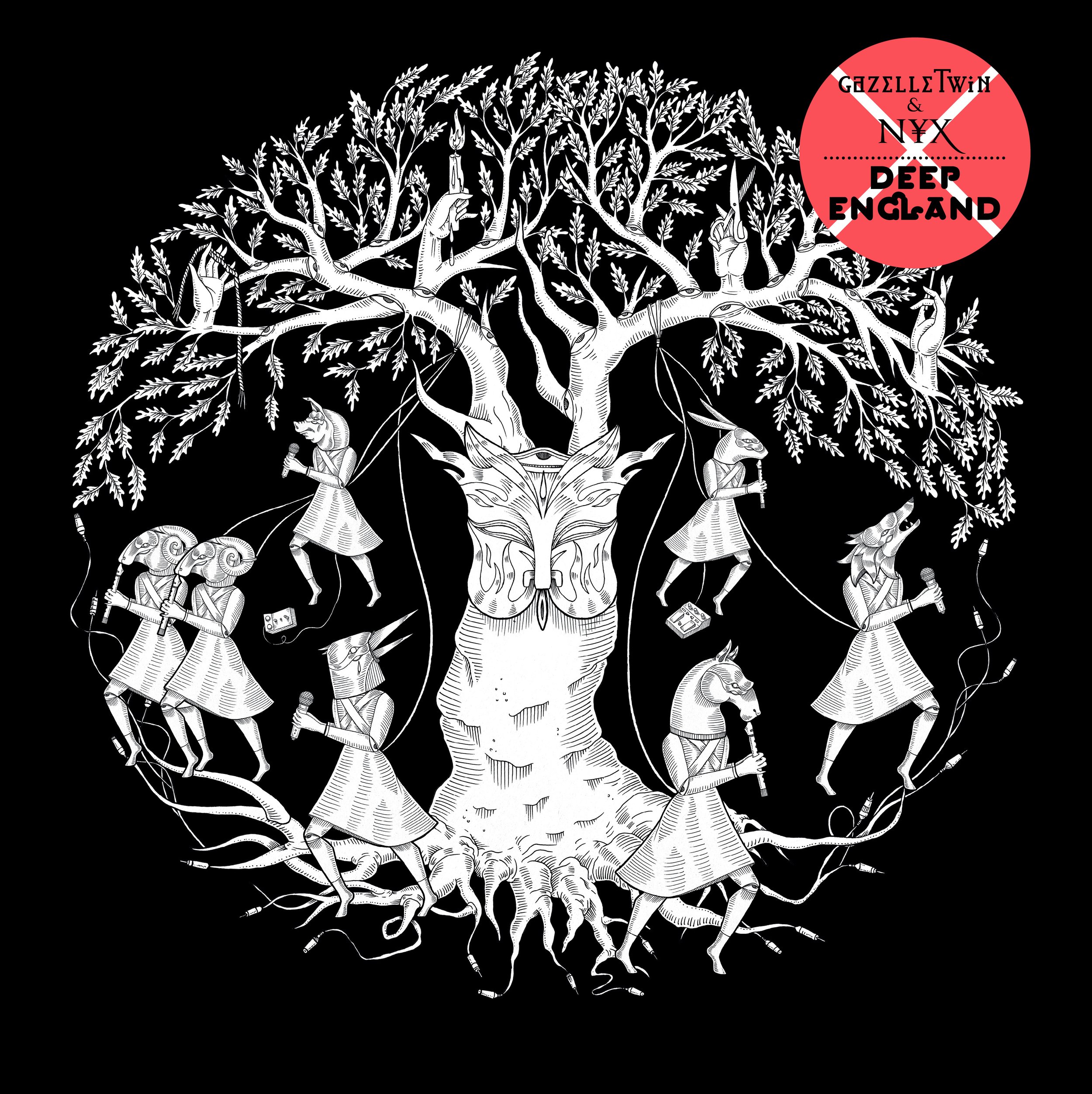 Illustration of a tree with animal-headed figures, microphones, and musical instruments; labeled "Gazelle Twin & NYX - Deep England."