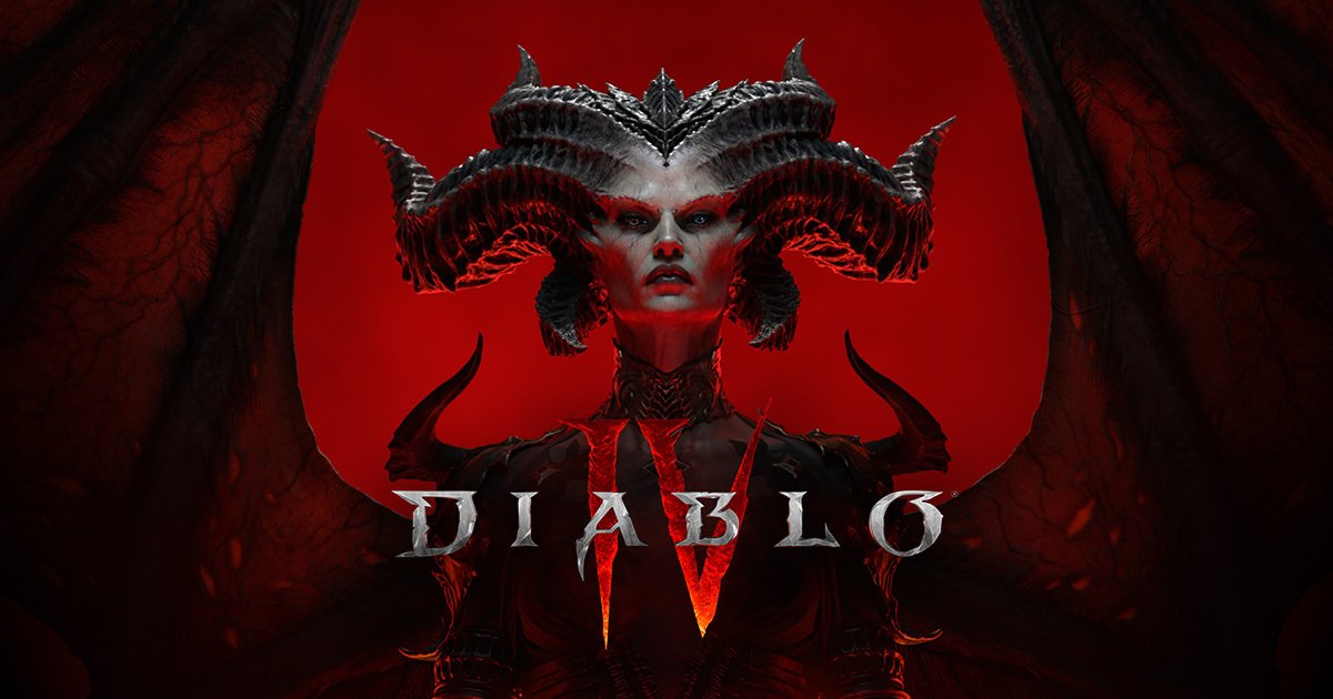 Diablo IV cover art featuring Lilith character with horns, red background and 'Diablo IV' text.