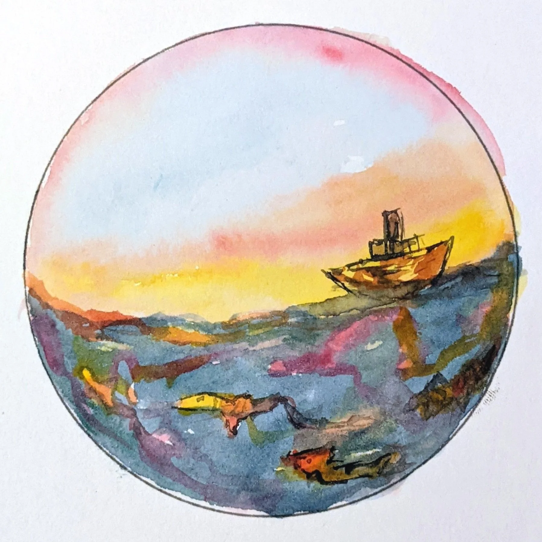 Watercolor image of a little steamboat out in the open water. The sunset is a backdrop and you can see colorful fish beneath.
