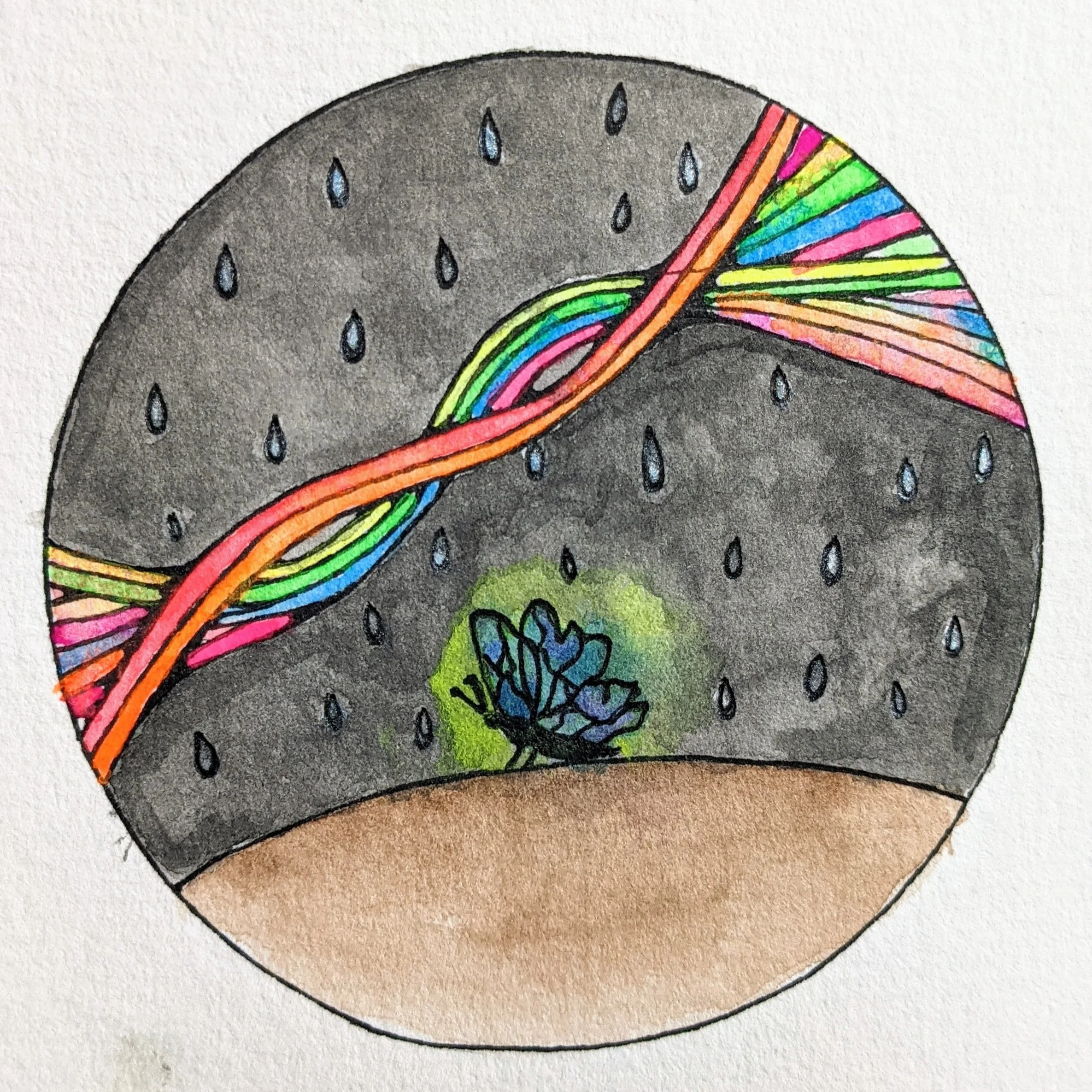 A watercolor of a little butterfly in the rain under a rainbow