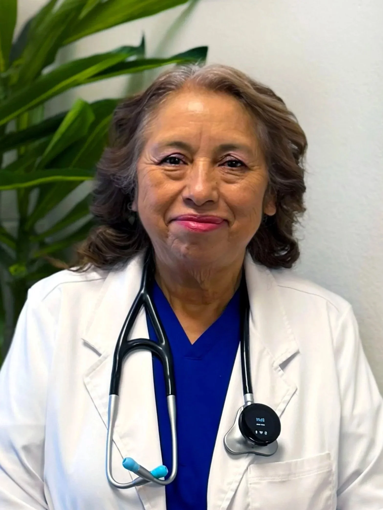 Smiling woman with stethoscope wearing a blue blouse