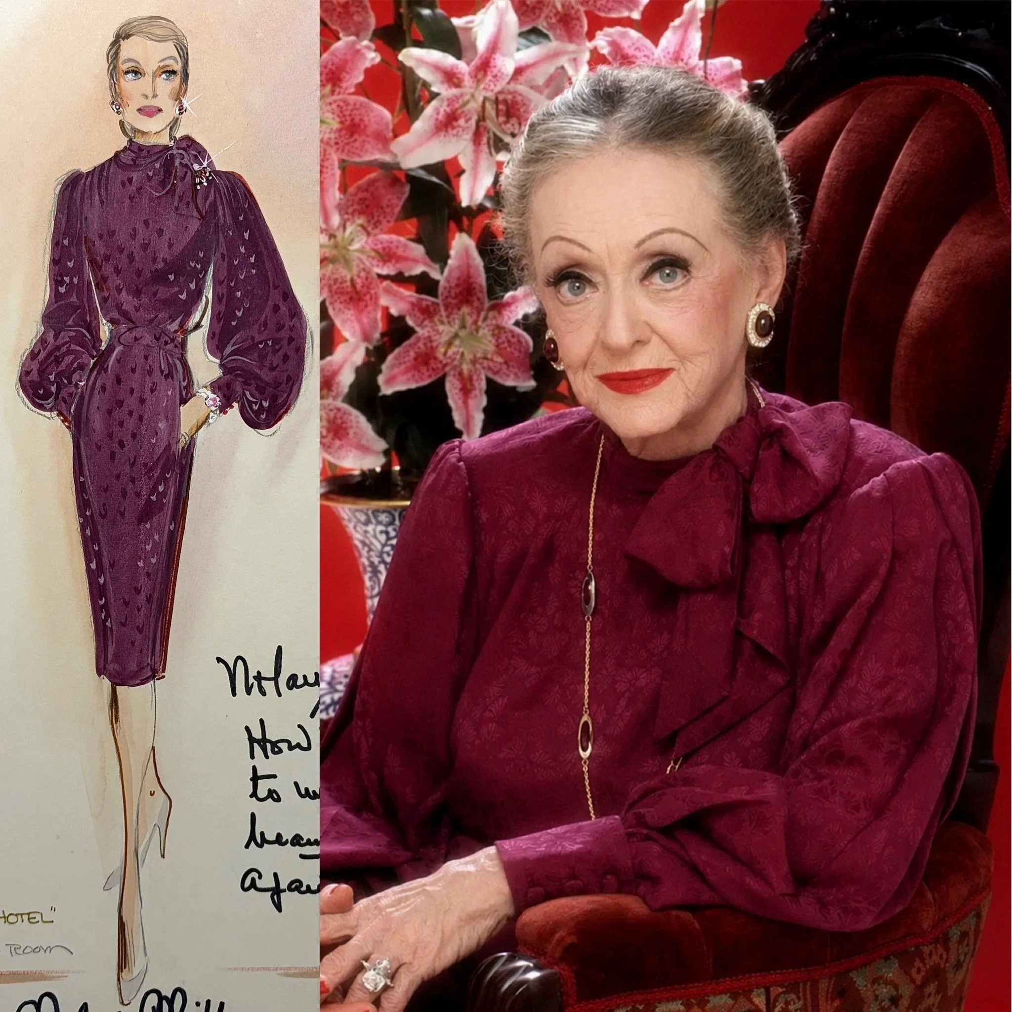 Nolan Miller Collector Purple Satin Bette Davis "Hotel" Day Dress Sketch 1