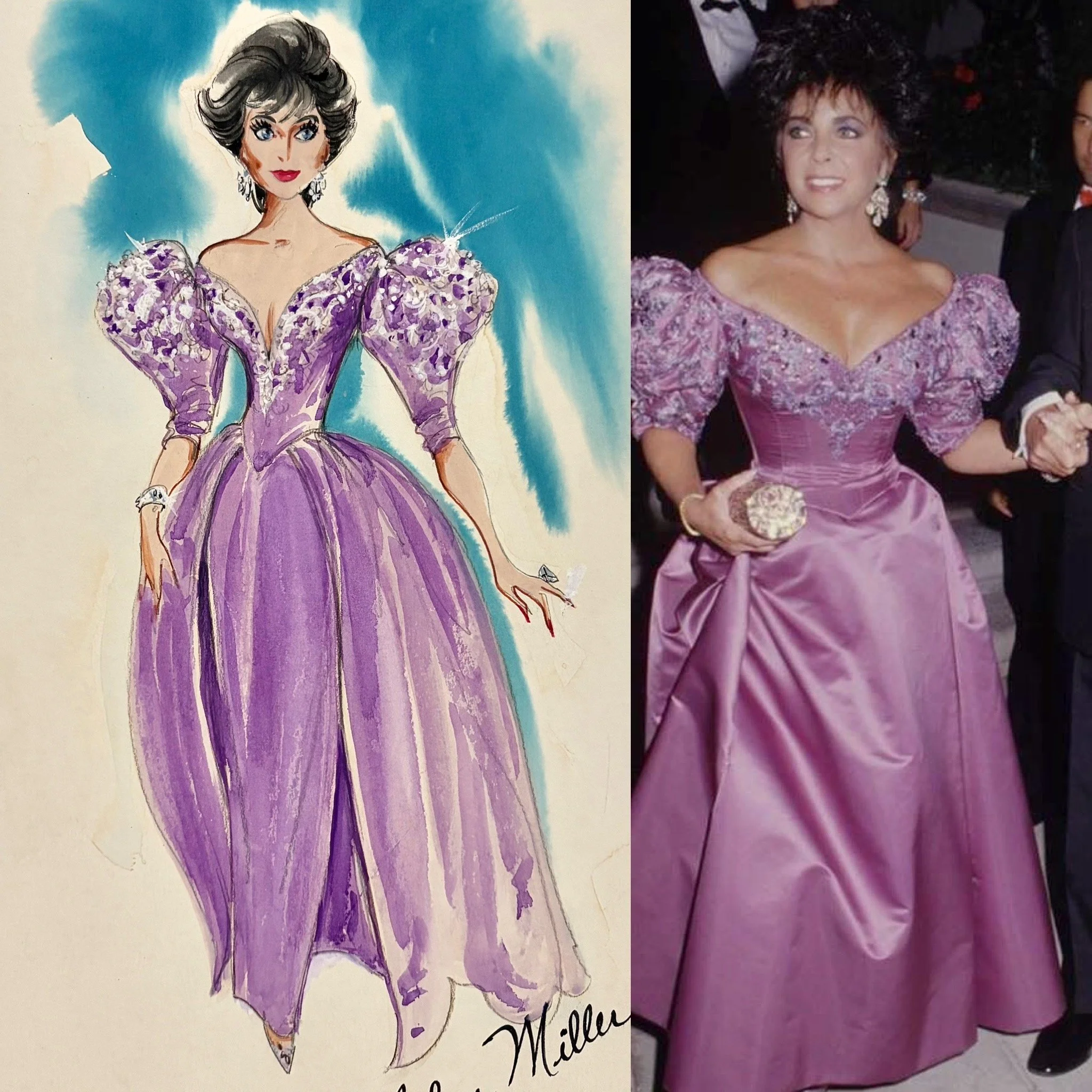 Purple Embroidered Satin Elizabeth Taylor Gown Sketch