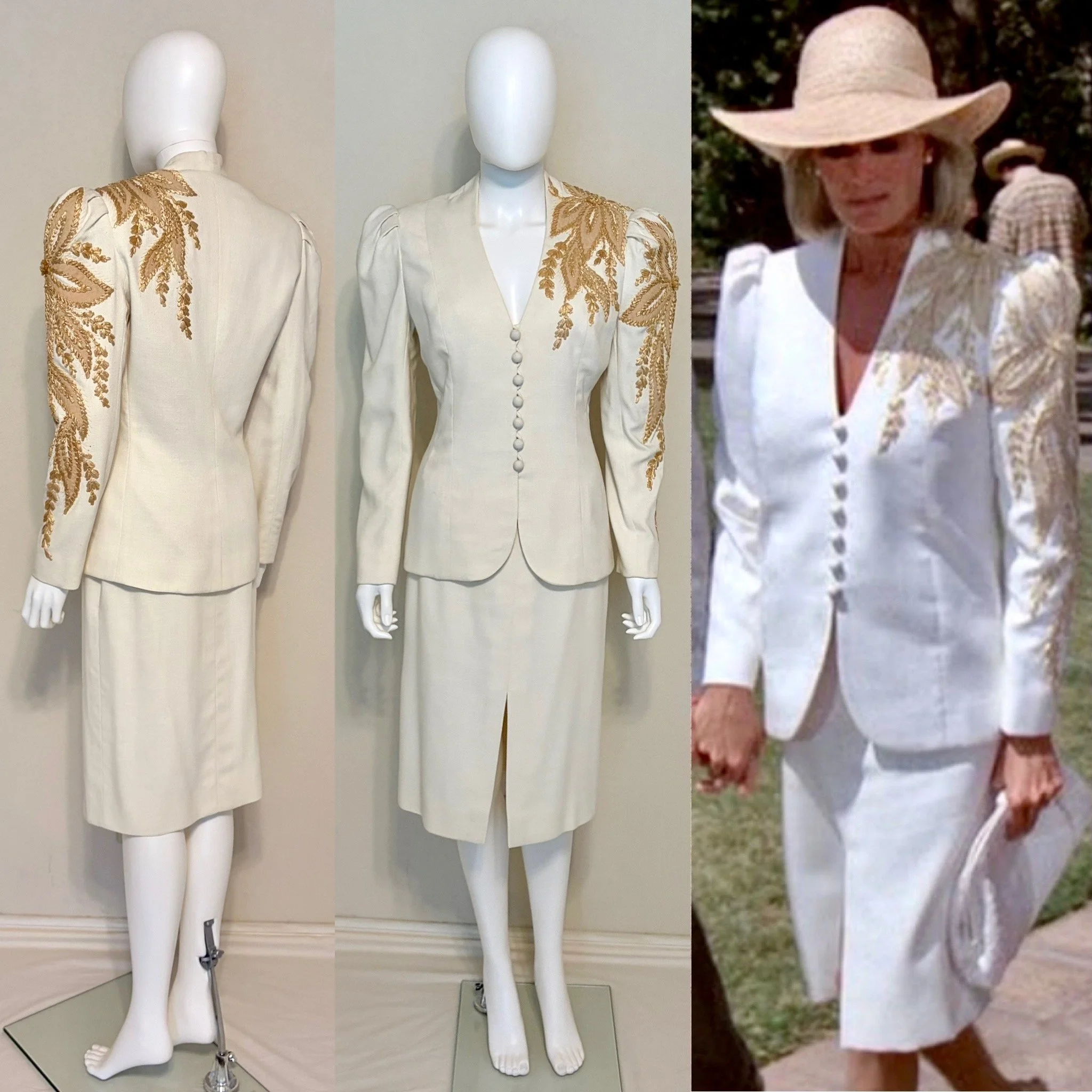 Ivory Linen Raffia Embroidered Linda Evans "Dynasty" Suit