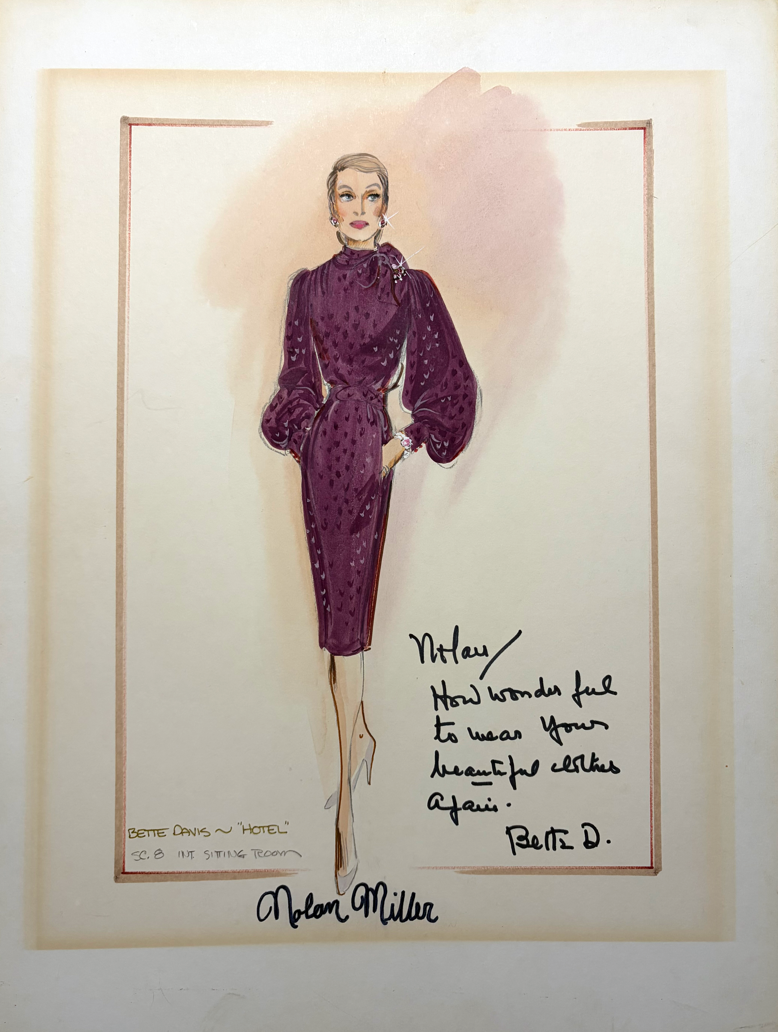 Nolan Miller Collector Purple Satin Bette Davis "Hotel" Day Dress Sketch 2