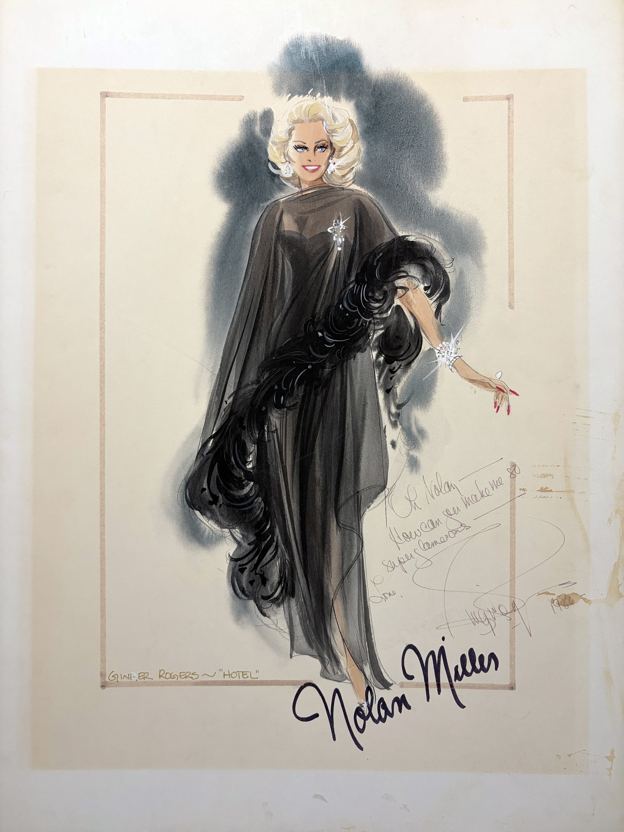 Nolan Miller Collector Black Chiffon Ostrich Feather Ginger Rogers "The Love Boat" Gown Sketch 2