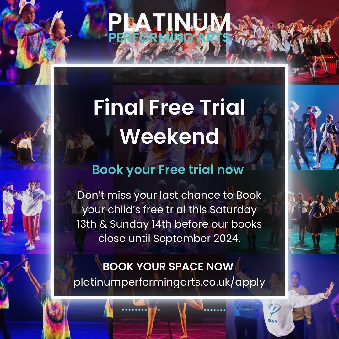 Don&rsquo;t miss your last chance to Book your child&rsquo;s free trial this weekend before our books close until September 2024. 🌟 platinumperformingarts.co.uk/apply
-
-
-
-
#platinumteam #northlondon #cultureinenfield #enjoyenfield #edmontongreen 
