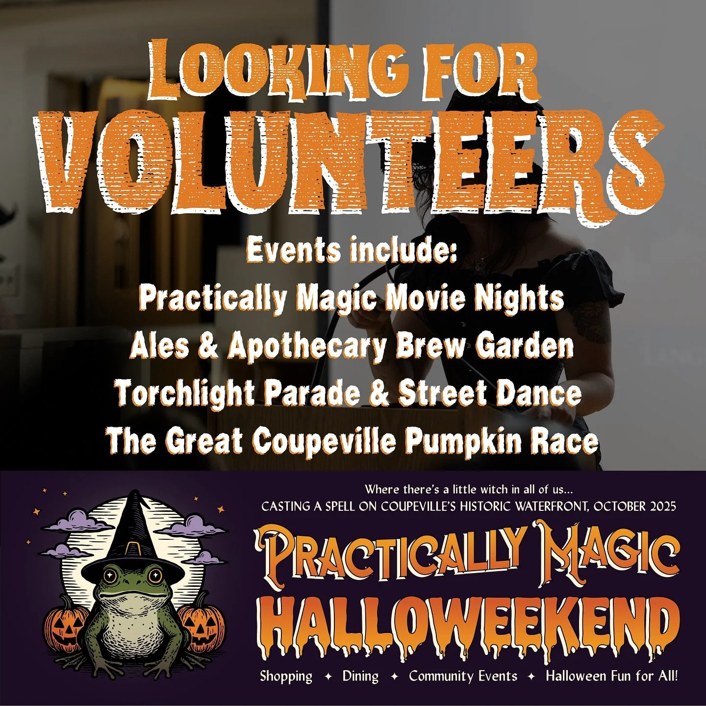 practicallymagichalloweekend.com

We are still looking for volunteers to help out with Practically Magic! Our events are, mostly, driven by our incredible volunteers. It&rsquo;s a great way to get involved in your community and enjoy this annual even