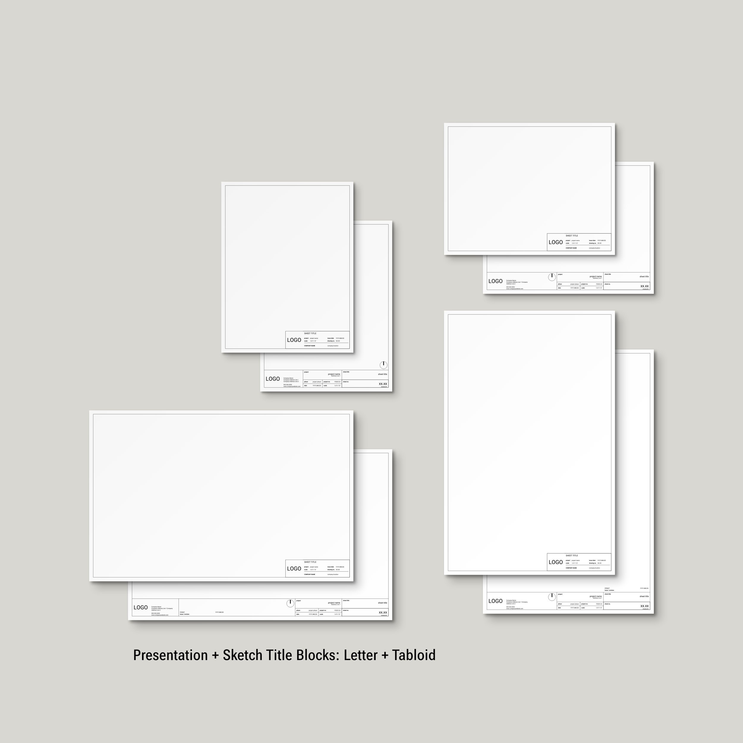 Assortment of architectural presentation and sketch papers, each with a distinct title block for different stages of the design process, ensuring uniform branding.