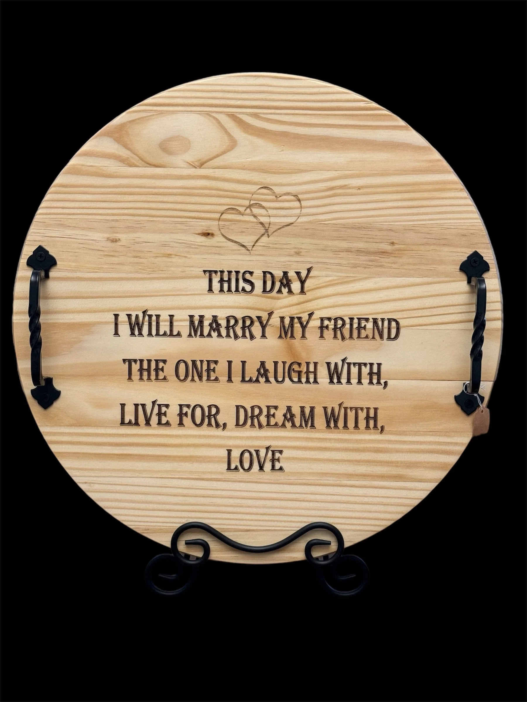 18" round charcuterie board with handles $55.00