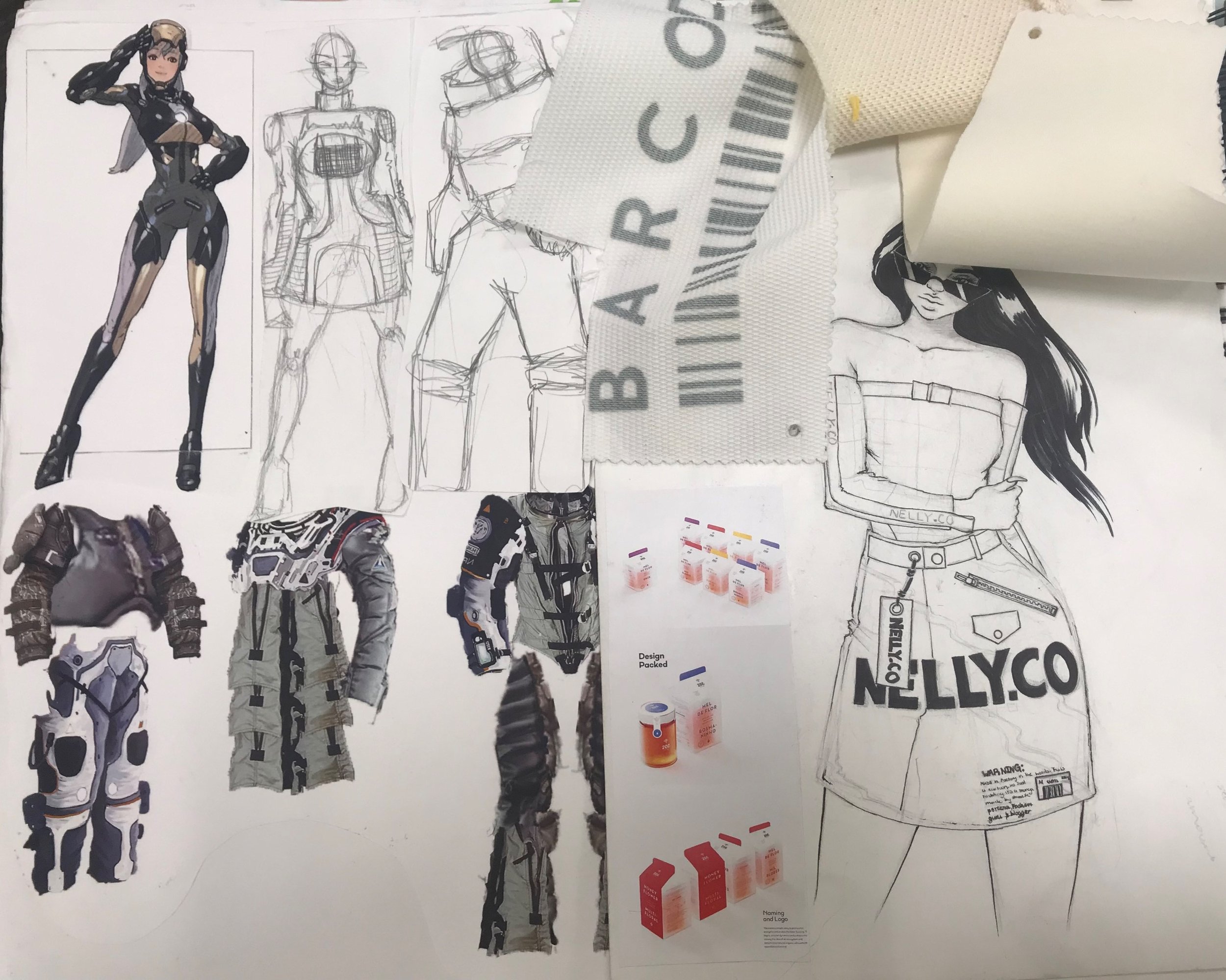 Sketches and designs for clothing and fashion concepts, including outline and colored illustrations of women in stylish outfits, fabric swatches, and fashion accessories.