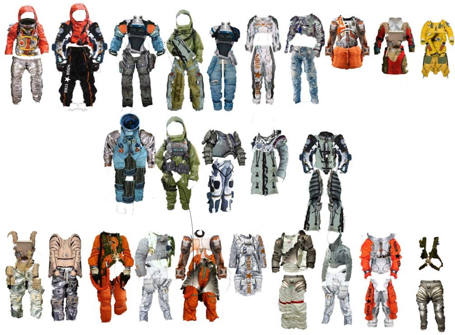 A collage of 25 space suits, arranged in five rows with five suits in each row, exhibiting various colors, designs, and styles of astronaut suits.