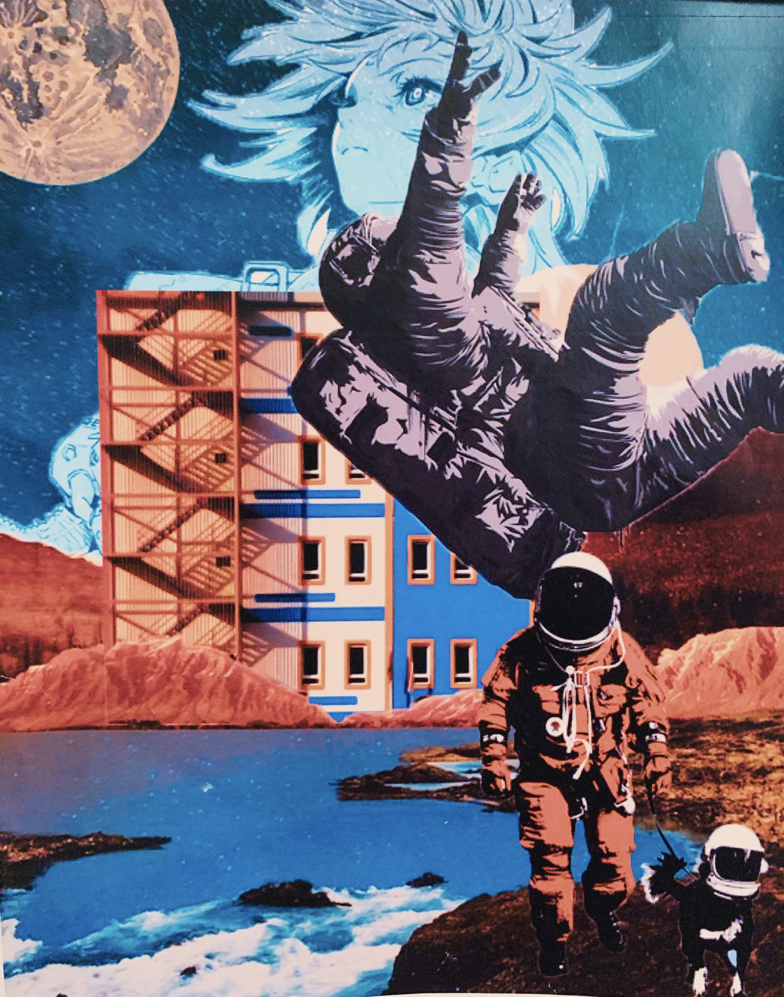 A surreal digital collage featuring an astronaut walking a dog on rocky terrain with a colorful building, a stylized woman with flowing hair in space, and the moon in the sky.